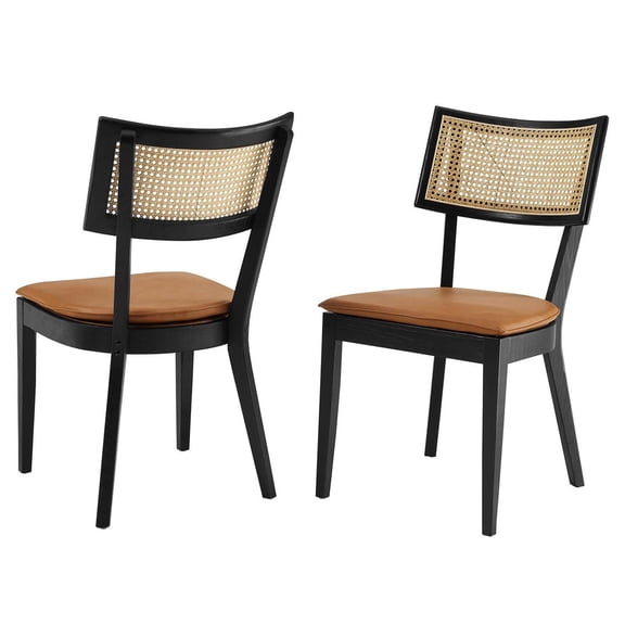 Side Dining Chair, Set of 2, Tan Black, Vegan Leather, Wood, Cottage Kitchen Cafe Bistro Hospitality Restaurant, Modern Contemporary HB36436
