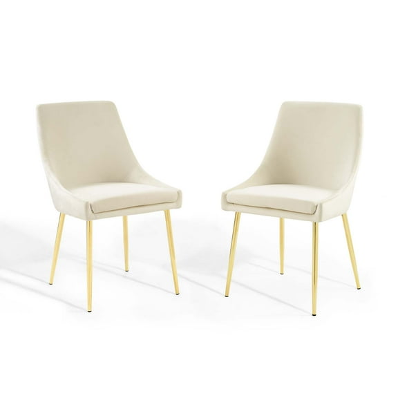 Side Dining Chair, Set of 2, Velvet, Metal Steel, Gold Ivory White, Modern Contemporary Urban Design, Kitchen Room Cafe Bistro Restaurant Hospitality