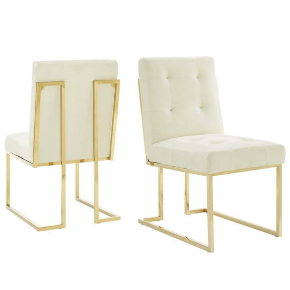 Side Dining Chair, Set of 2, Velvet, Metal Steel, Gold Ivory White, Modern Contemporary Urban Design, Kitchen Room Cafe Bistro Restaurant Hospitality