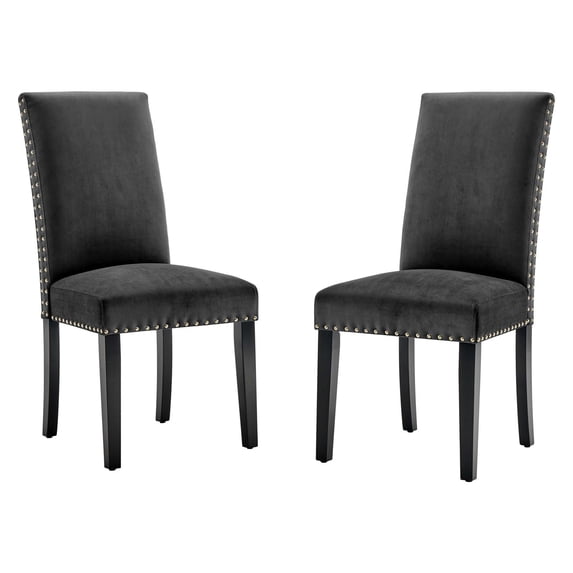 Side Dining Chair, Set of 2, Velvet, Wood, Dark Grey Gray, Modern Contemporary Urban Design, Kitchen Room Cafe Bistro Restaurant Hospitality