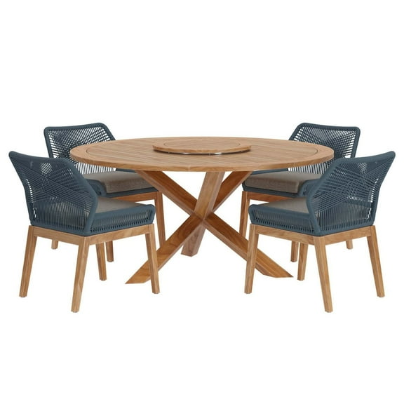 Side Dining Chair and Table Set, Blue Natural, Teak Wood, Outdoor Patio Balcony Cafe Bistro Garden Hospitality Restaurant, Modern Contemporary HB34441