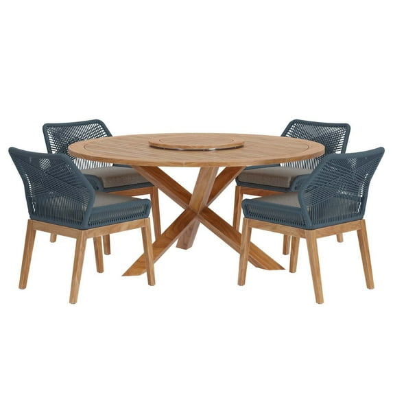 Side Dining Chair and Table Set, Blue Natural, Teak Wood, Outdoor Patio Balcony Cafe Bistro Garden Hospitality Restaurant, Modern Contemporary HB34441