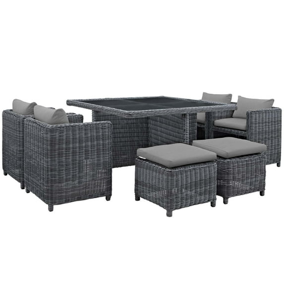 Side Dining Chair and Table Set, Grey Gray, Rattan, Wicker, Outdoor Patio Balcony Cafe Bistro Garden Hospitality Restaurant, Modern Contemporary HB32792