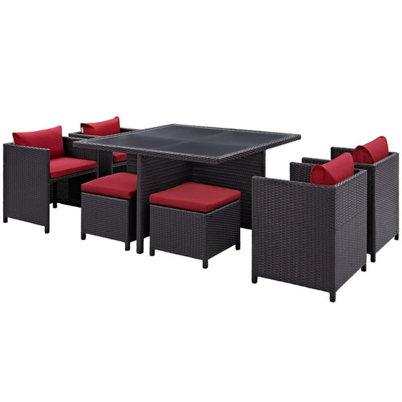 Side Dining Chair and Table Set, Red, Rattan, Wicker, Outdoor Patio Balcony Cafe Bistro Garden Hospitality Restaurant, Modern Contemporary HB34929