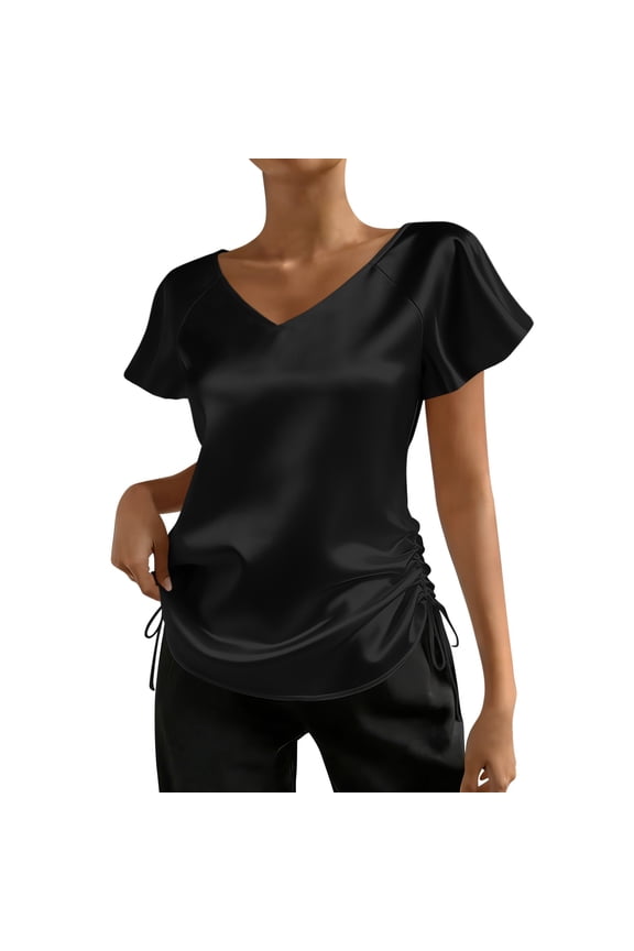 Side Drawstring Ruched Glossy Satin Top V Neck Flutter Short Sleeve Slim Curved Hem Elegant for Women Spring Summer Office Party Wear S-XXL