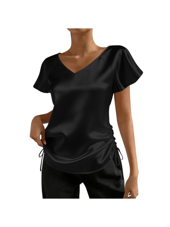 Side Drawstring Ruched Glossy Satin Top V Neck Flutter Short Sleeve Slim Curved Hem Elegant for Women Spring Summer Office Party Wear S-XXL