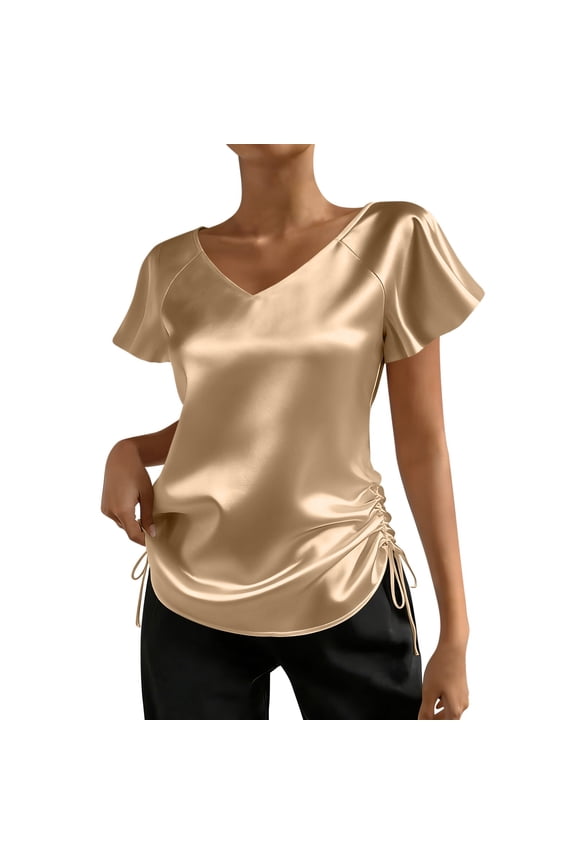 Side Drawstring Ruched Glossy Satin Top V Neck Flutter Short Sleeve Slim Curved Hem Elegant for Women Spring Summer Office Party Wear S-XXL