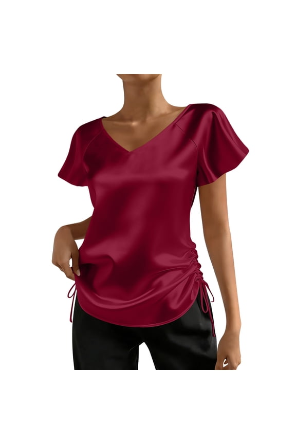 Side Drawstring Ruched Glossy Satin Top V Neck Flutter Short Sleeve Slim Curved Hem Elegant for Women Spring Summer Office Party Wear S-XXL