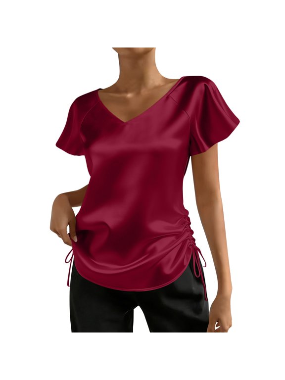 Side Drawstring Ruched Glossy Satin Top V Neck Flutter Short Sleeve Slim Curved Hem Elegant for Women Spring Summer Office Party Wear S-XXL