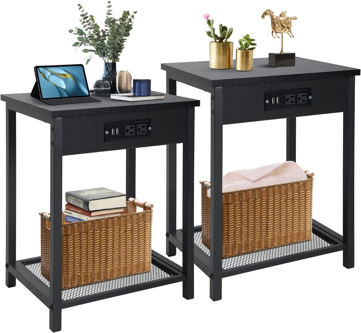 Side End Table with Charging Station Set of 2 Nightstand with Storage