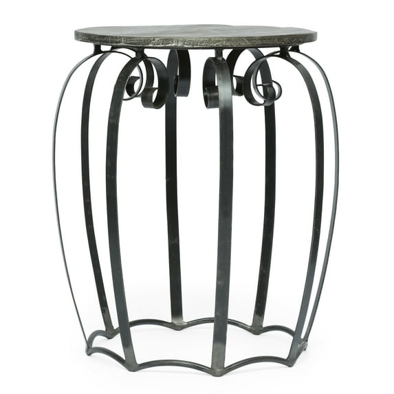 Side End Table, Gray Iron Frame, Round Brown Mango Wood Top, 21 Inch