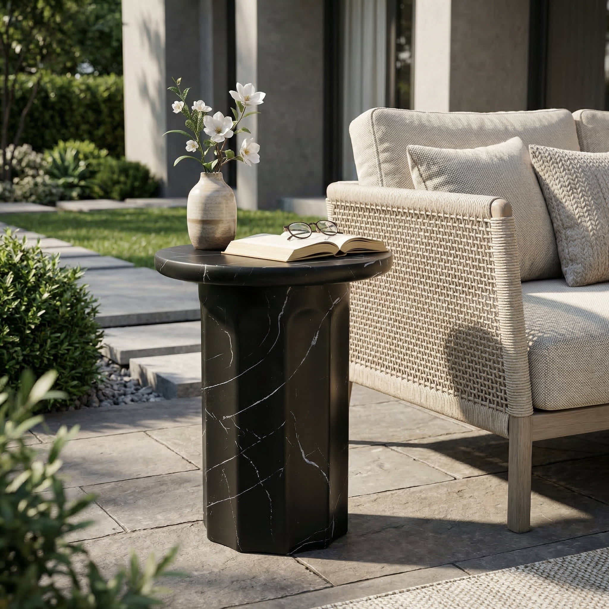 Side End Table, Outdoor Lightweight Concrete Table for Patio Balcony Garden, Black Marble
