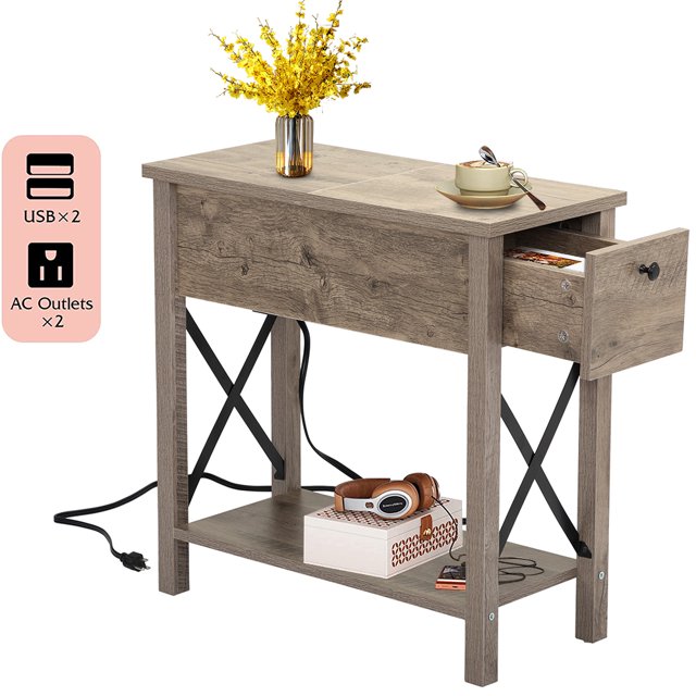 Side End Tables with Charging Station, BTMWAY Wood Side Table with