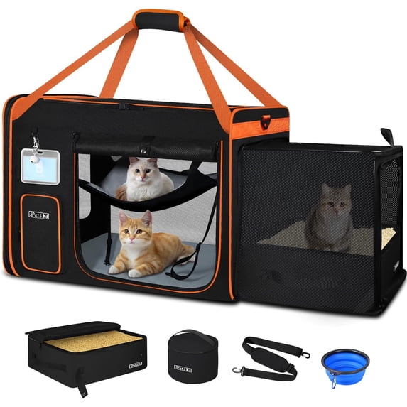Side Expandable Extra Large Cat Carrier with Litter Box Area for Long Distance Car Travel,24"x17"x17" Collapsible Soft-Sided Large Pet Carrier with Zipper Locks for 2 Cats Under 55LBS(Black)