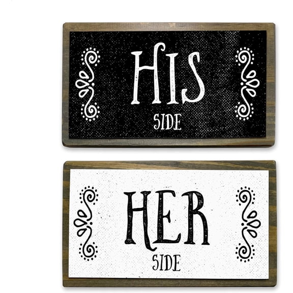 Side Her Side Couples Sign Set – Wood & Metal Handmade Gift for Couples – Funny Bedroom , Anniversary, Gift Wrapped – 6”x3.5” – Set of 2 Signs