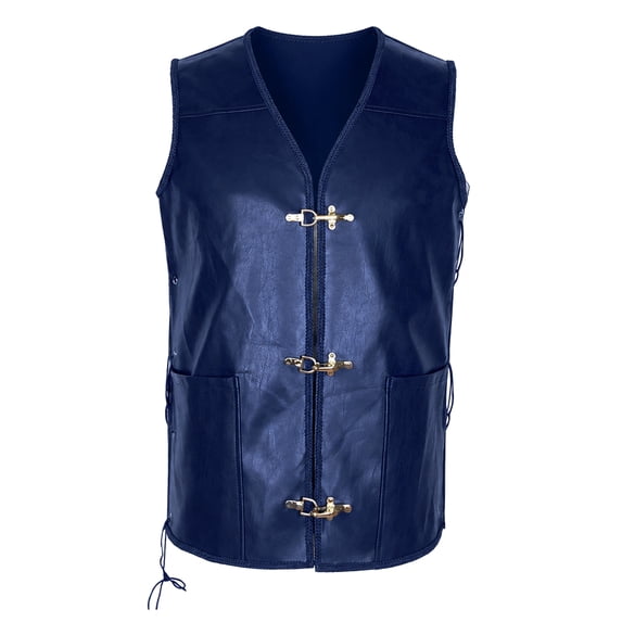 Side Lace Up Pirate Leather Vest, Side Lace Up Faux Leather Pirate Vest, Sleeveless Metal Clasp Gothic Waistcoat for Adult Halloween Medieval Pirate Cosplay, 4 Color Steampunk Costume Vest, Blue 3XL