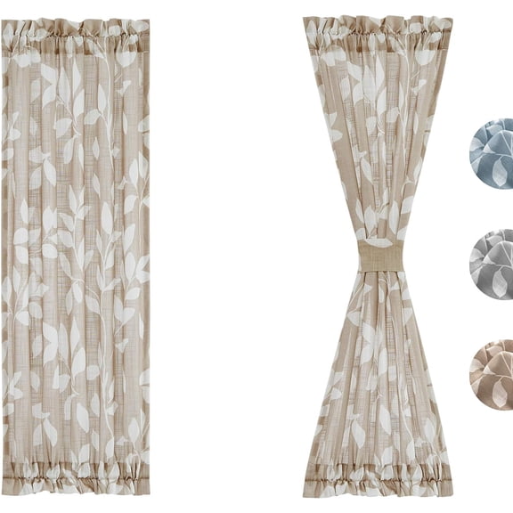Side-Light French Door Curtains Leaf Print Half Door Window Curtain Panels Linen Textured Semi Sheer Glass Door Panels Taupe