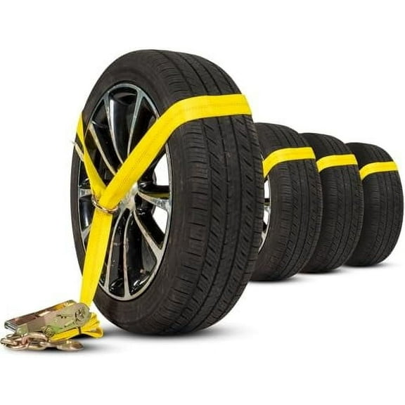 Side Mount Wheel Nets with Ratchet & Chain Extension (4-Pack), Lasso Tie Down Straps for Tire Sizes 14 Inches and More, 12,000 LBS Break Strength, Lasso Straps for Car Hauler$$Tools & Hardware Other