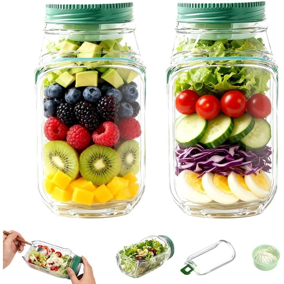 Side Open Salad Jar, Salad Pod & Mason Jar, Leakproof Portable Lunch Container with Dressing Cup for Office Travel Meal Prep (1)