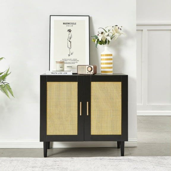 Side Panel Buffet Cabinet With Natural Rattan Door Rattan Storage Cabinet With Adjustable Shelves Side Panel And Buffet With Storage Space Modern Console Cabinet In Bedroom And Living Room