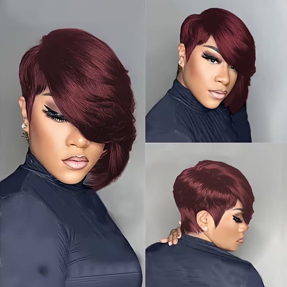 Side Part Dark 99J Color Pixie Cut Wigs for Black Women Short Layered Pixie Cut Human Hair Wig With Bangs Glueless Chic Elegent Thick and Full Wear and Go Wig