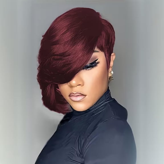 Side Part Dark Color Pixie Cut Wigs for Black Women Short Layered Pixie Cut Human Hair Wig With Bangs Glueless Chic Elegent Thick and Full Wear and Go Wig