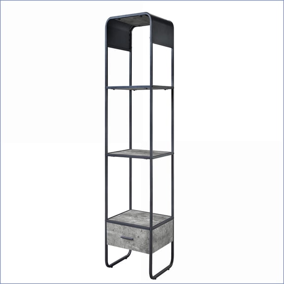Side Pier, Contemporary Concrete Grey & Black with 2 Shelves + 1 Drawer | 66.5"H x16.5"W x14.5"D | Black+Grey | Wood+Metal
