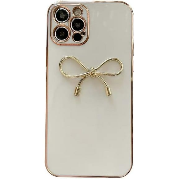 Side Plating 3D Bow White Soft Phone Case Compatible with iPhone Case (White,iPhone 15 Pro)