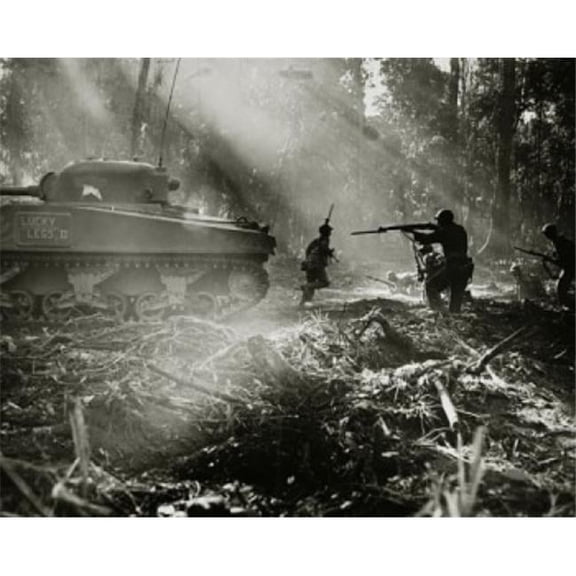 Side Profile of Army Soldiers with A Military Tank in A Forest Battle of Bougainville US Military Bougainville Island World War II Poster Print, 24 x 36 - Large
