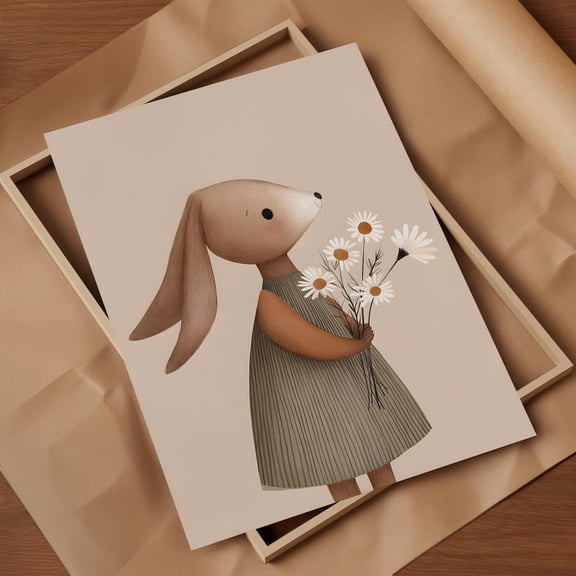 Side Profile Bunny Nursery Wall Art Print, Woodland Rabbit With Daisies, Girls Room Decor, Earth Tones Baby Wall Print, Animal Art Home Decor #338, Unframed Poster Size 8x12