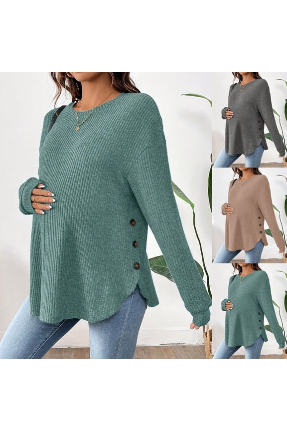 Side Ruched Pregnancy Clothes Maternity Solid Long Sleeve Women'S Maternity Long Sleeve Crew Neck Ribbed Sweater With Side Buttons Khaki M