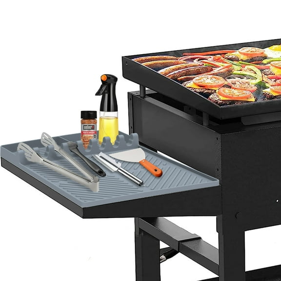 Side Shelf Mat for Blackstone Grill, 3 in 1 Silicone Grill Side Shelf Mat, 3 in 1 Silicone Spatula Mat with Drip Pad,Large Silicone Utensil Rest for Multiple BBQ Grill Tools (Gray)