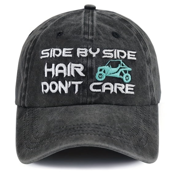 Side By Side Accessories Adjustable Washed Baseball Cap Funny " By Hair Don't Care" UTV Graphic, Lightweight Outdoor Hat for Men & Women, Offroad Mountain Adventure Gifts for Dad, Mom, Hus