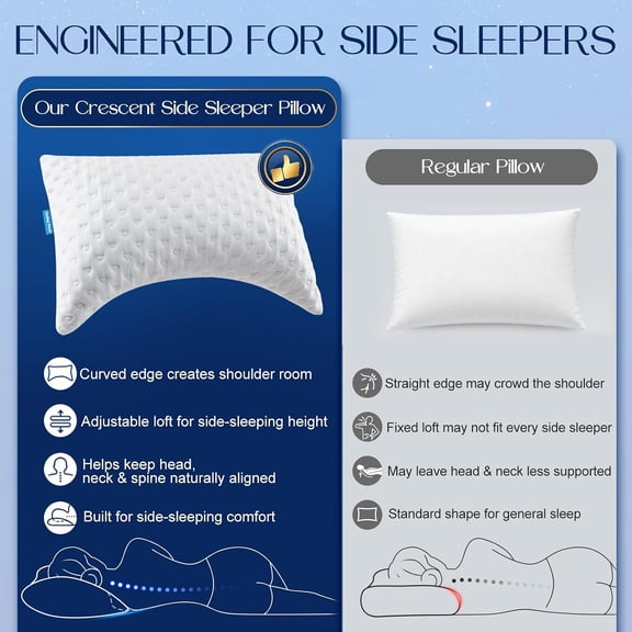 Side Sleeper Pillows for Neck & Shoulder Comfort - Ergonomic Curved Crescent Design, Adjustable Shredded Memory Foam, Cooling & Soft Cover, Extra Fill Included, Queen Size