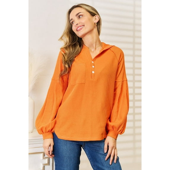 Side Slit Buttoned Waffle Knit Hoodie