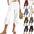 thumbnail image 1 of Side Slit Capris for Women Summer Wide Leg Pants Beach Casual Elastiv Wasited Trousers with Pockets Wine L, 1 of 5