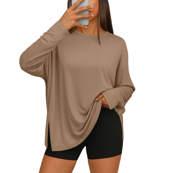 Side Slit Tshirts for Women Long Sleeve Workout Tops Fall Fashion Gym Casual Tees Basic Y2K Clothes Khaki M
