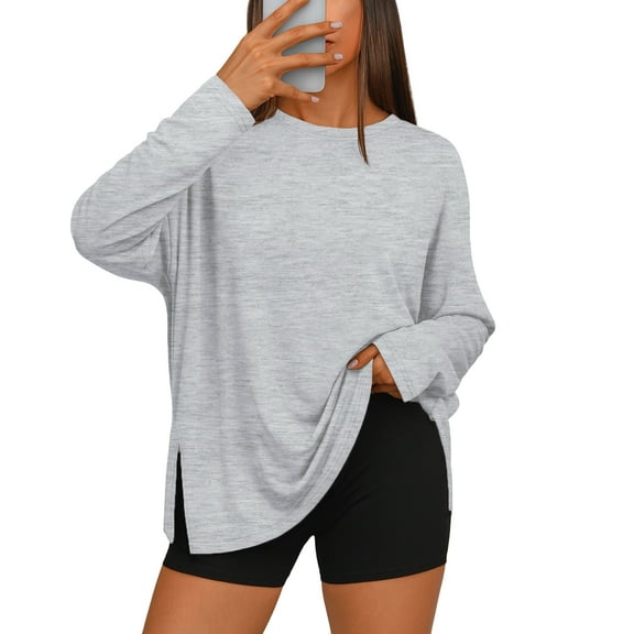 Side Slit Tshirts for Women Long Sleeve Workout Tops Fall Fashion Gym Casual Tees Basic Y2K Clothes Light Gray M