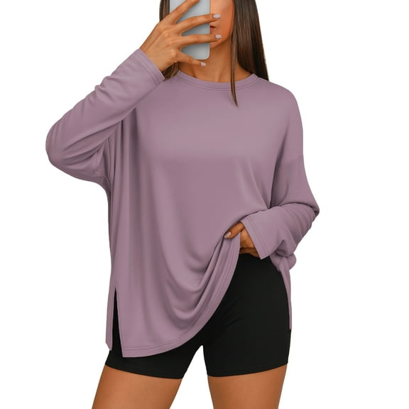Side Slit Tshirts for Women Long Sleeve Workout Tops Fall Fashion Gym Casual Tees Basic Y2K Clothes Pink XL