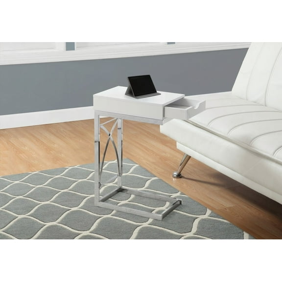 Accent Table with C-shaped Design, Side, Snack & Storage Drawer in Living Room & Bedroom, Glossy White Laminate & Chrome Metal, Contemporary & Modern