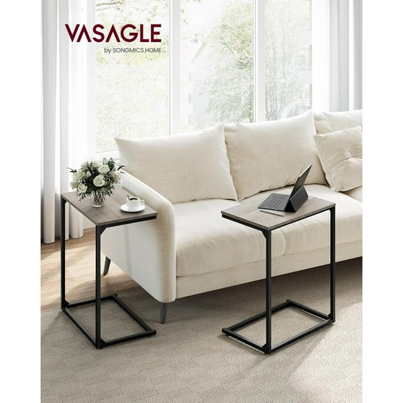 C-Shaped End Table with Space-Saving Design, Industrial Side Table for Sofa, Couch or Bedside, Easy Assembly, Adjustable Feet, Greige and Classic Black