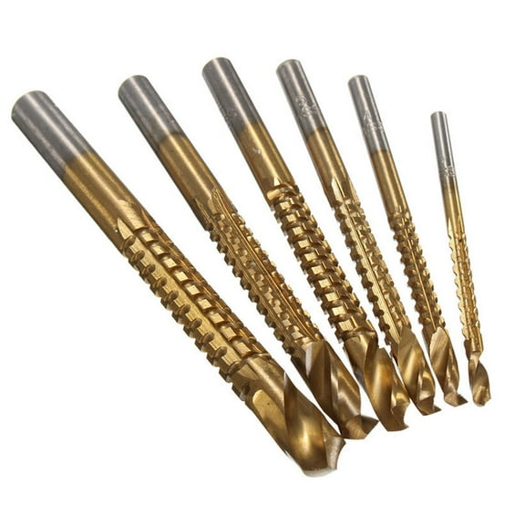 Side Spiral Saw Drill Bit Set, 6 Piece High-Speed Steel Hex Shank Drilling Bits, Multifunctional Woodworking Hole Tool, Multipurpose Drill Bits for Wood Metal Plastic Drilling and Cutting Work,gold