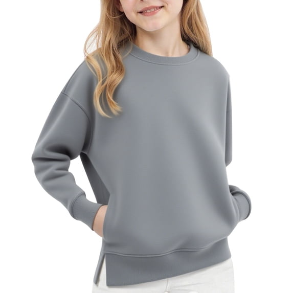 Side Split Crewneck Sweatshirt, Active Wear Ribbed Trim Toddler Girl Oversized Sweatshirt Fall Clothes Drop Shoulder Trendy Outfit Crewneck Pullover Kids Clothing, Gray 120