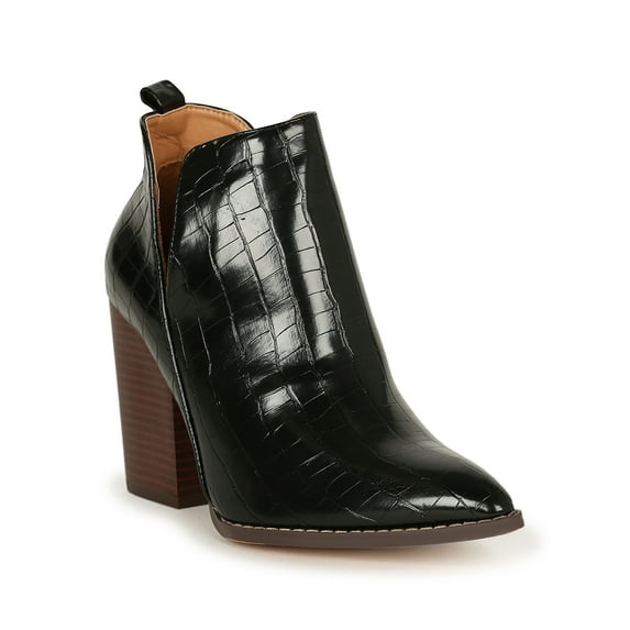 Side Split Pointy Toe Chunky Stacked Heel Bootie 20390
