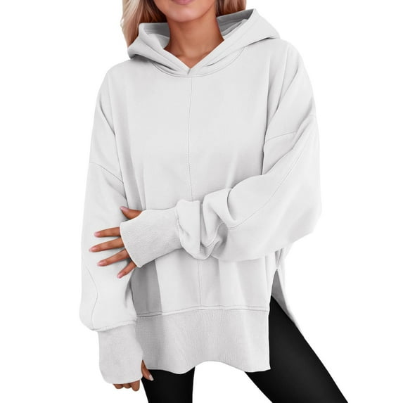 Side Split Solid Color Hoodie for Women Long Sleeve Sweatshirt Fall Casual Pullover Top