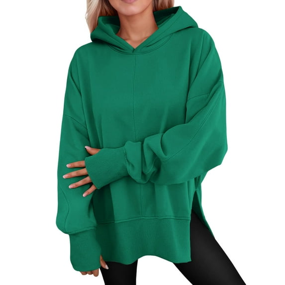 Side Split Solid Color Hoodie for Women Long Sleeve Sweatshirt Fall Casual Pullover Top