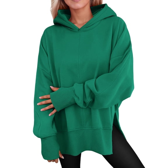 Side Split Solid Color Hoodie for Women Long Sleeve Sweatshirt Fall Casual Pullover Top