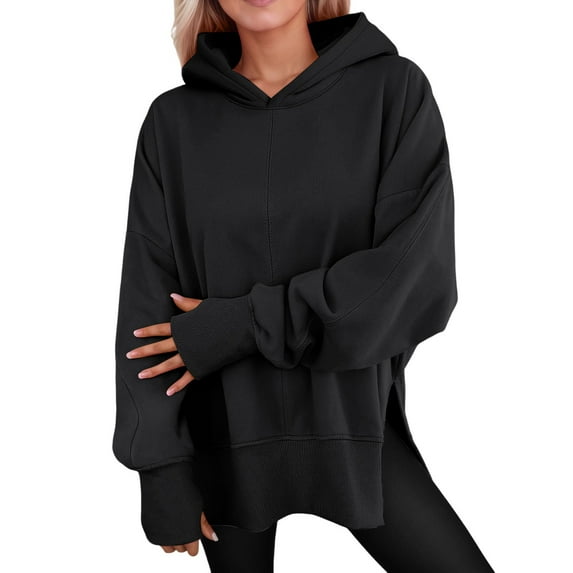 Side Split Solid Color Hoodie for Women Long Sleeve Sweatshirt Fall Casual Pullover Top