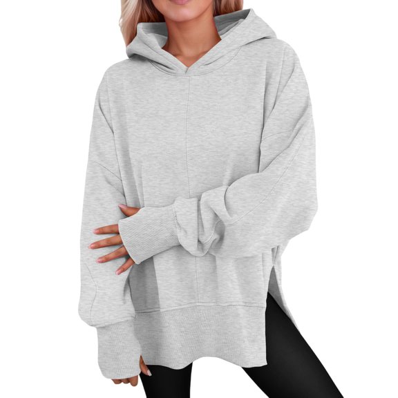 Side Split Solid Color Hoodie for Women Long Sleeve Sweatshirt Fall Casual Pullover Top