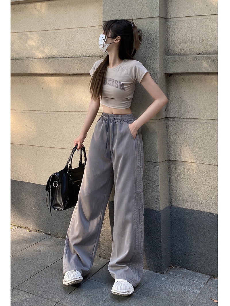 Side Stripe Retro Loose Lace-up Wide Leg Casual Long Women